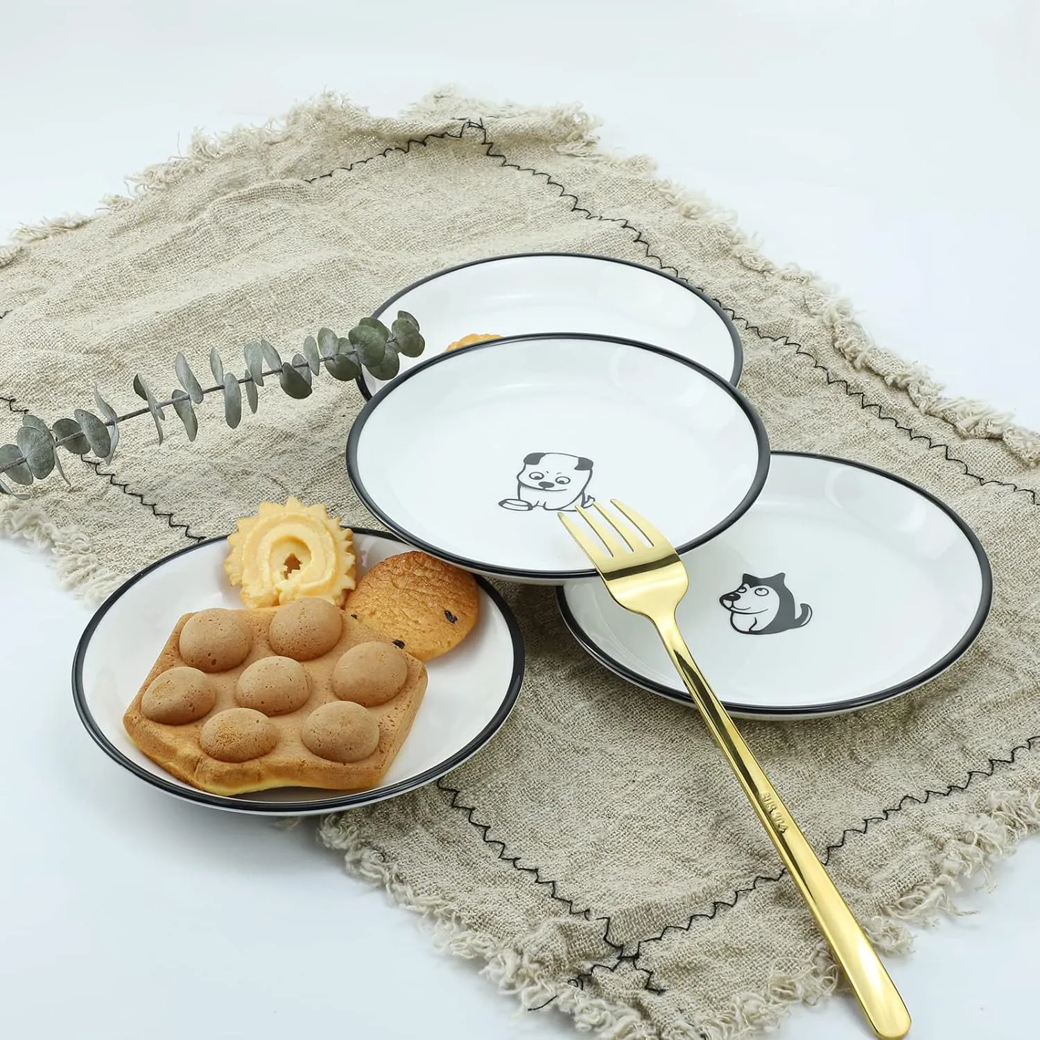WAIT FLY 5 Inches Funny Dog and Cat Pattern with Brush Strokes Ceramics Seasoning Dishes/Tea Bag Holders/Ketchup Saucer/Appetizer Plates/Seasoning Dipping Bowls, Set of 4