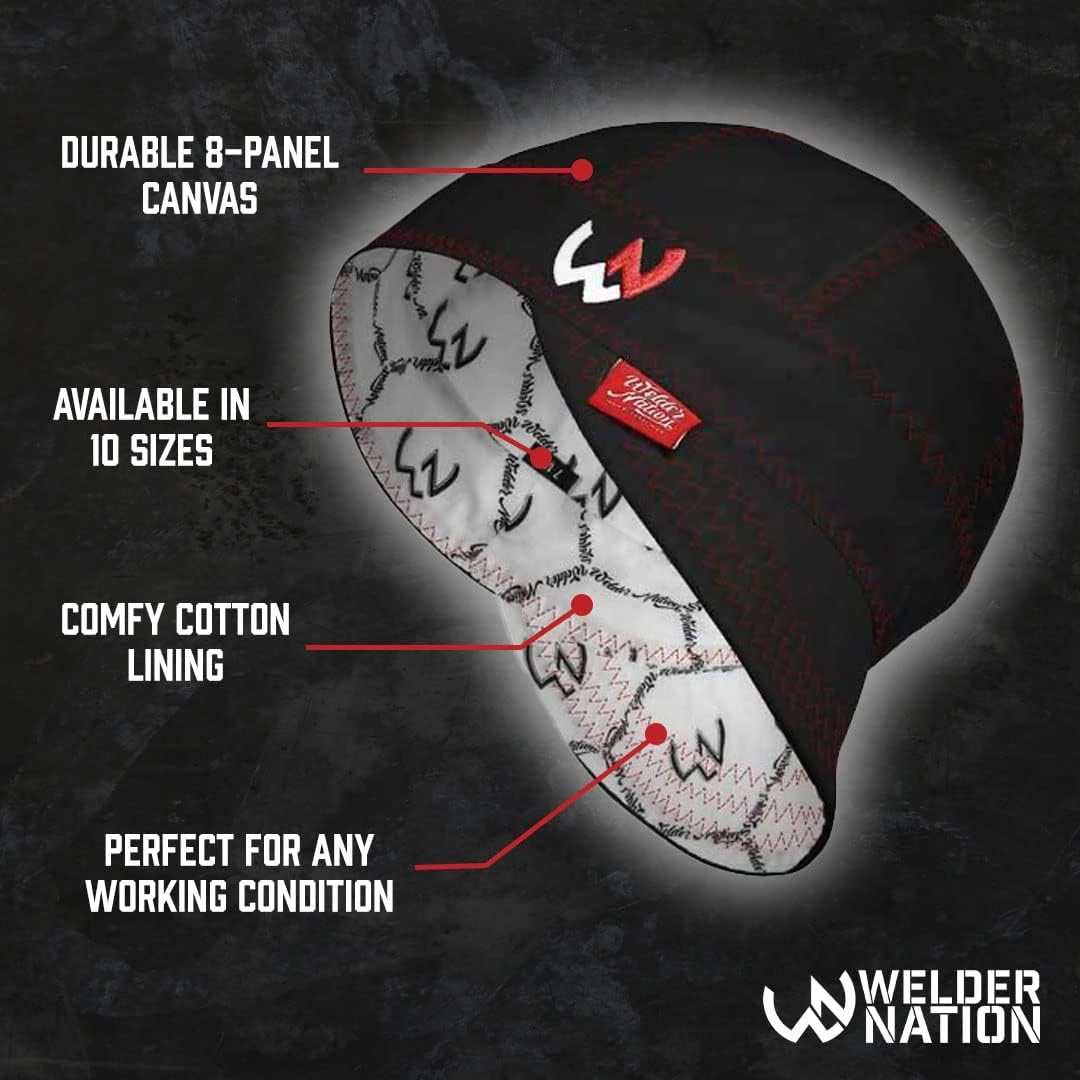 Welder Nation 8 Panel Soft, 8 oz Light Weight Cotton Welding Cap, Durable for Safety and Protection While Welding. Stick ARC