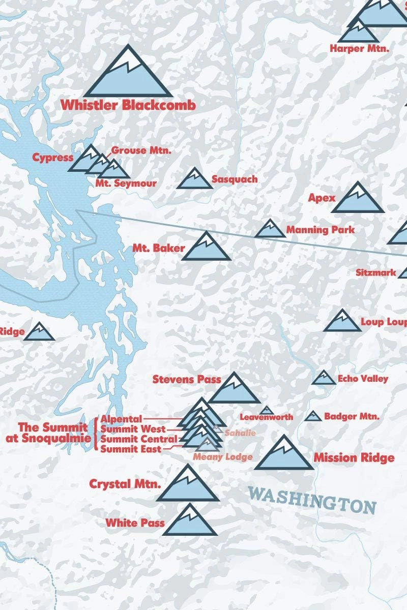 Western Ski Resorts Map 24x36 Poster (White & Light Blue)