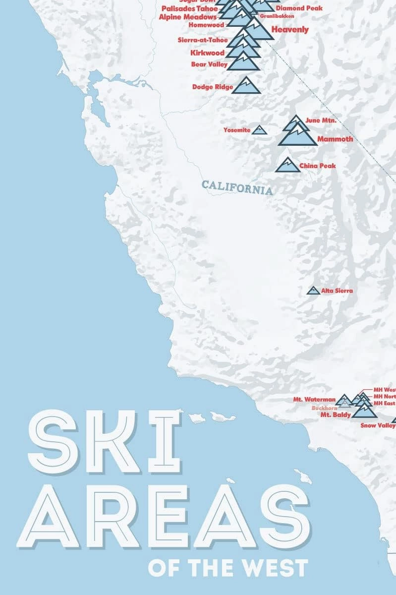 Western Ski Resorts Map 24x36 Poster (White & Light Blue)