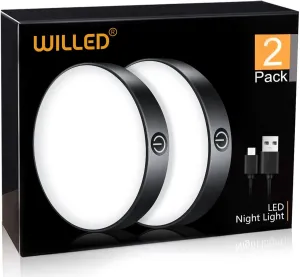 WILLED Tap Light Rechargeable, 6000K Dimmable Touch Light Buit-in 1000mAh Large Battery, Stick on Closet Light, Portable LED Puck Night Lights for Cabinet, Wardrobe, Counter, Kitchen, Bedroom (2 Pack)