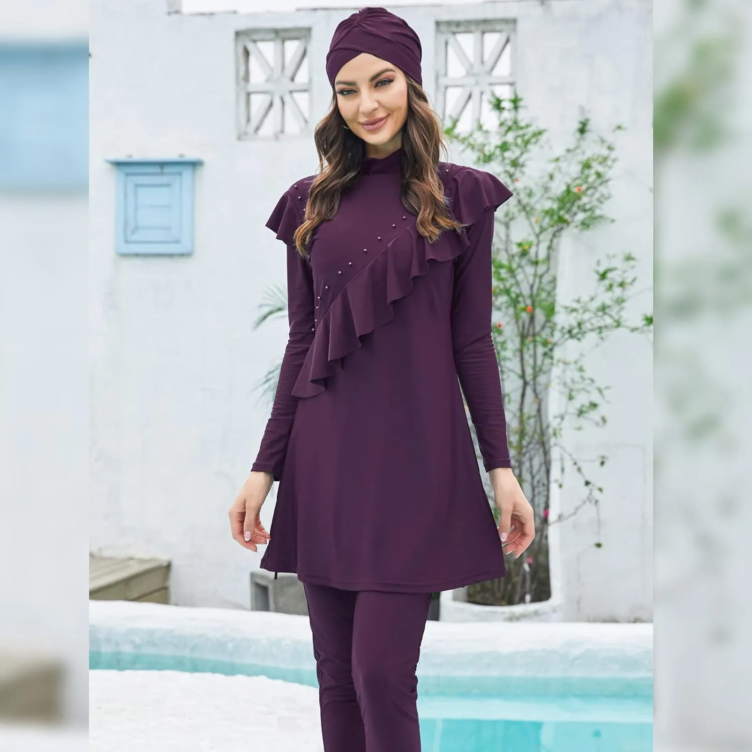 Women Muslim Swimwear Islamic Modest Swimsuit 3 Pieces Full Cover Hijab Long Sleeve Burkini Top Dress   Pants