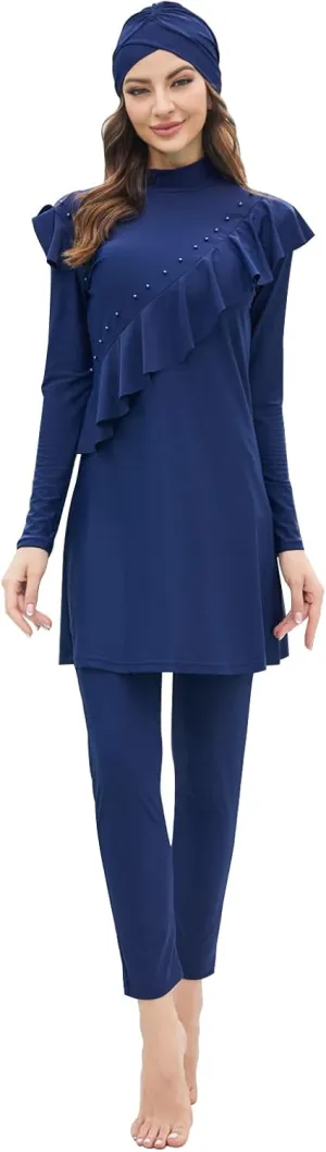 Women Muslim Swimwear Islamic Modest Swimsuit 3 Pieces Full Cover Hijab Long Sleeve Burkini Top Dress   Pants