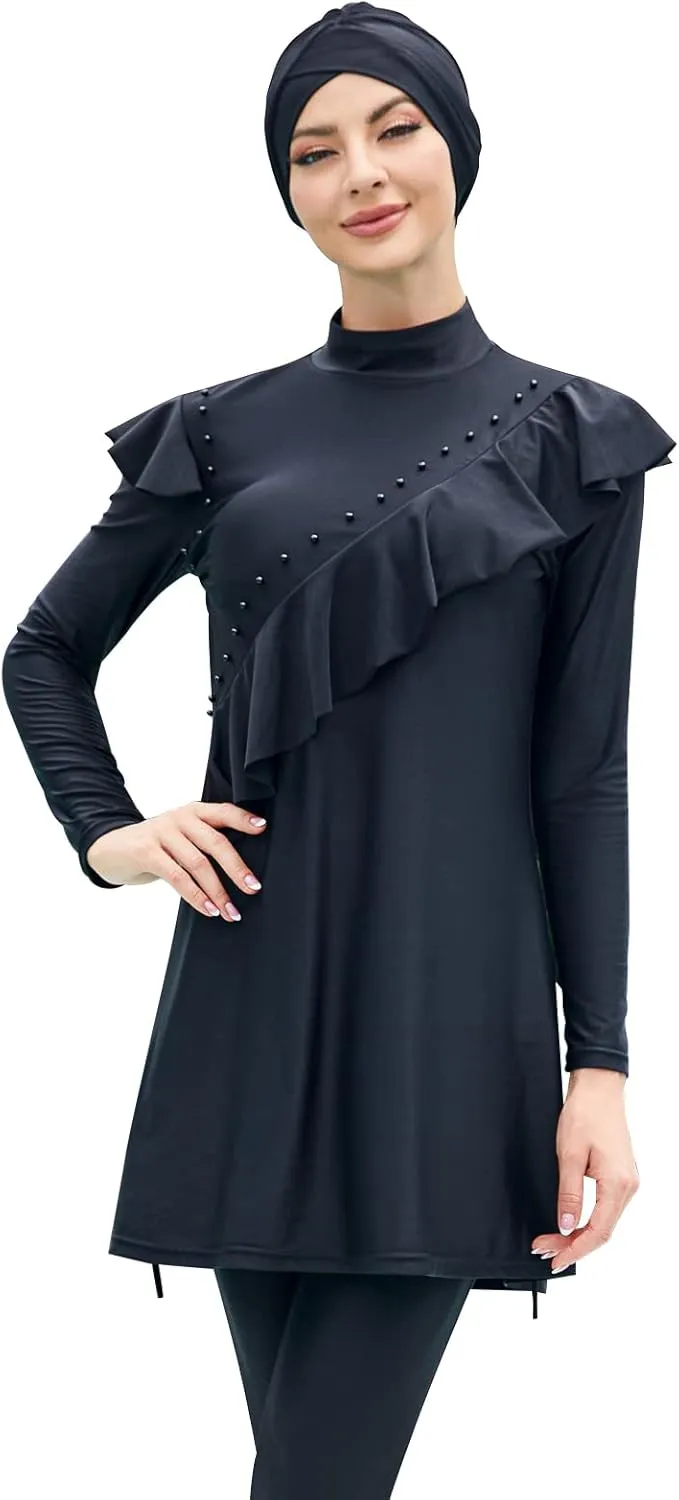 Women Muslim Swimwear Islamic Modest Swimsuit 3 Pieces Full Cover Hijab Long Sleeve Burkini Top Dress   Pants