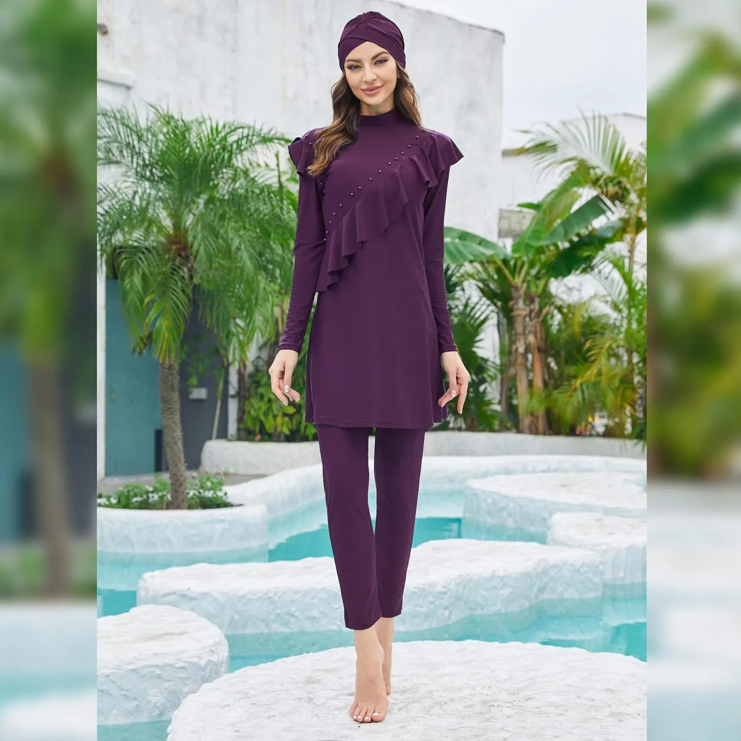 Women Muslim Swimwear Islamic Modest Swimsuit 3 Pieces Full Cover Hijab Long Sleeve Burkini Top Dress   Pants