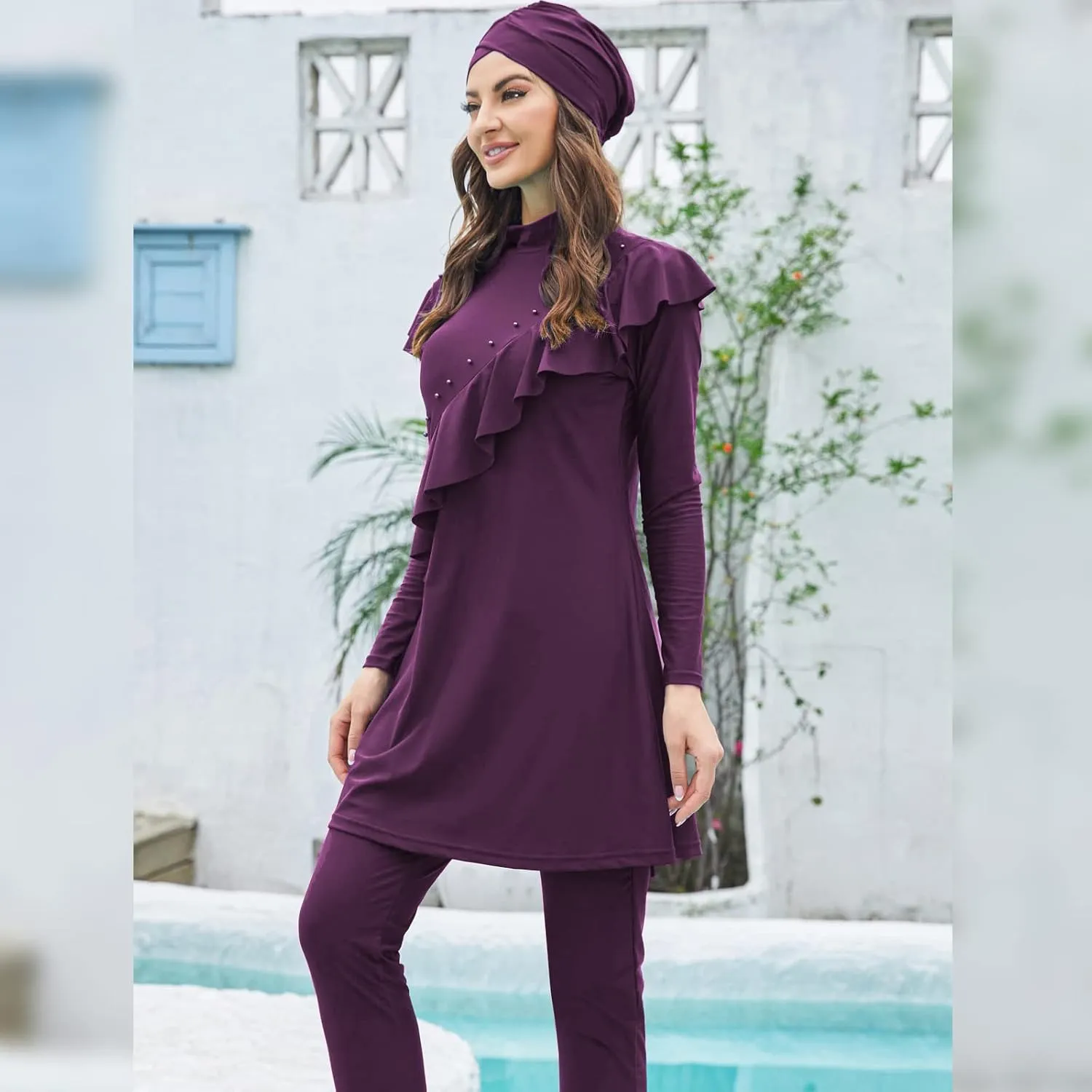Women Muslim Swimwear Islamic Modest Swimsuit 3 Pieces Full Cover Hijab Long Sleeve Burkini Top Dress   Pants