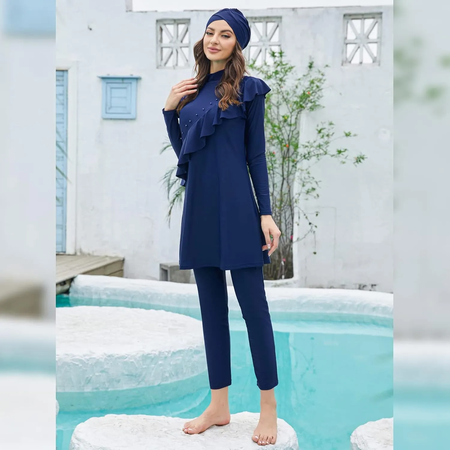 Women Muslim Swimwear Islamic Modest Swimsuit 3 Pieces Full Cover Hijab Long Sleeve Burkini Top Dress   Pants