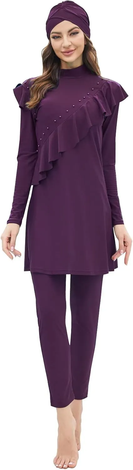 Women Muslim Swimwear Islamic Modest Swimsuit 3 Pieces Full Cover Hijab Long Sleeve Burkini Top Dress   Pants
