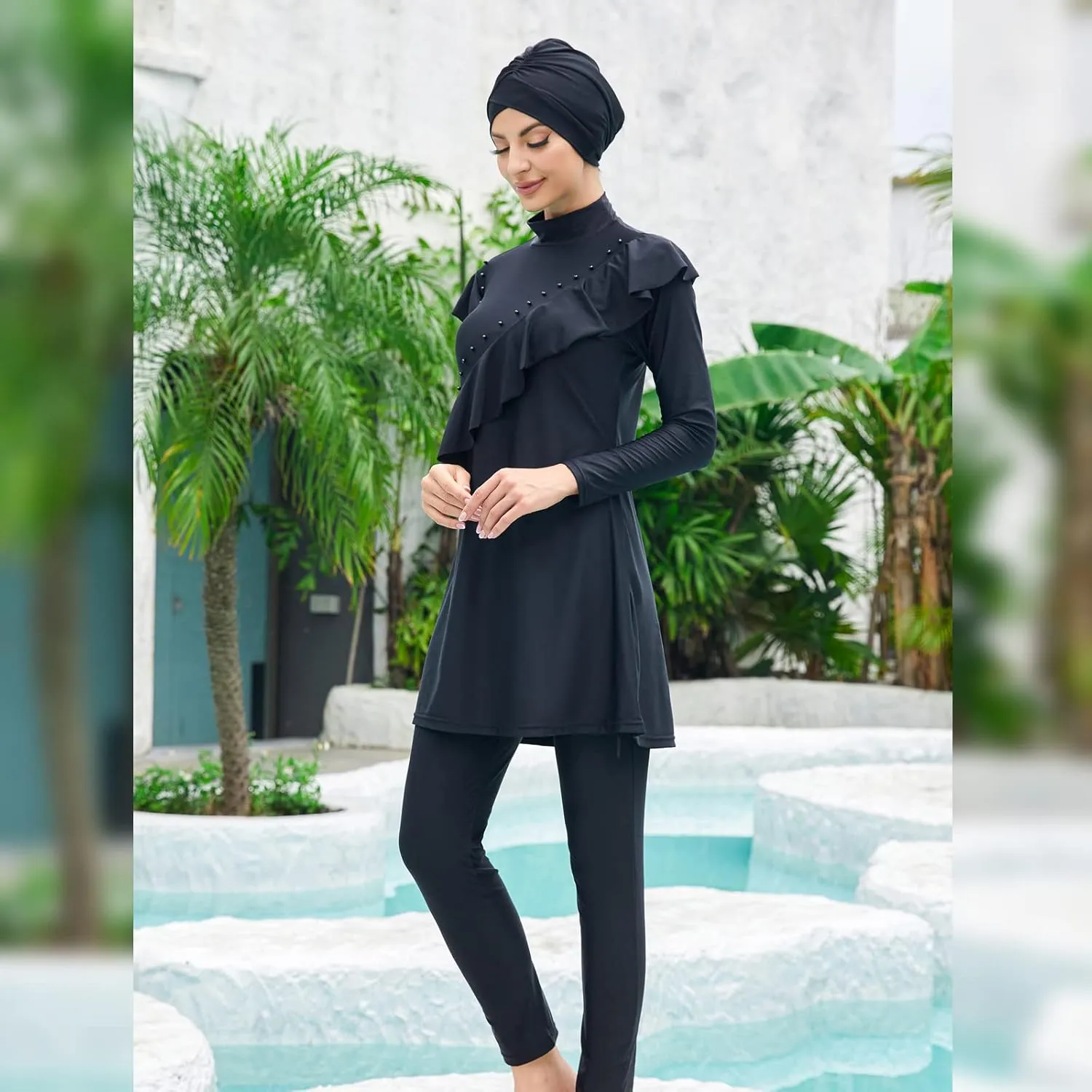 Women Muslim Swimwear Islamic Modest Swimsuit 3 Pieces Full Cover Hijab Long Sleeve Burkini Top Dress   Pants
