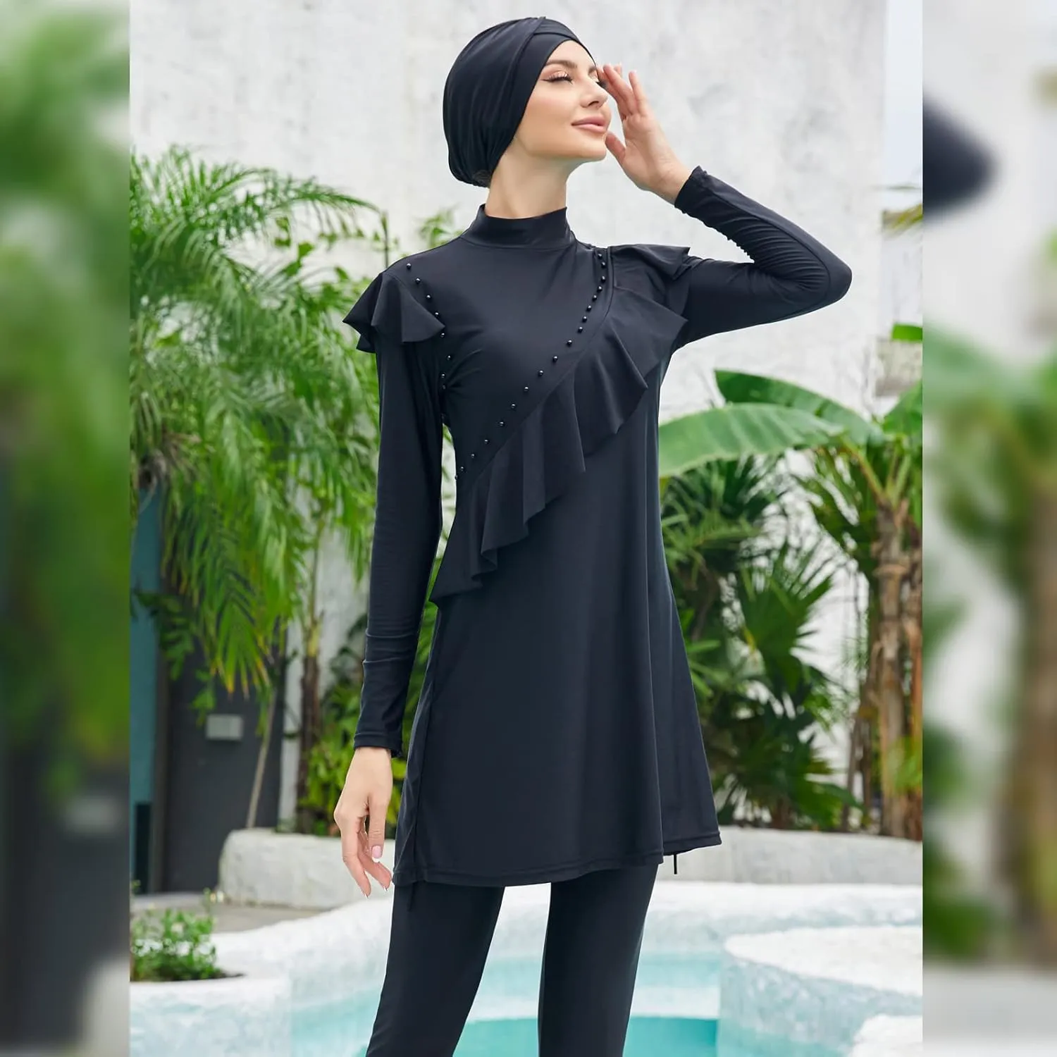 Women Muslim Swimwear Islamic Modest Swimsuit 3 Pieces Full Cover Hijab Long Sleeve Burkini Top Dress   Pants