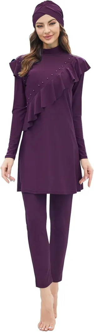 Women Muslim Swimwear Islamic Modest Swimsuit 3 Pieces Full Cover Hijab Long Sleeve Burkini Top Dress   Pants