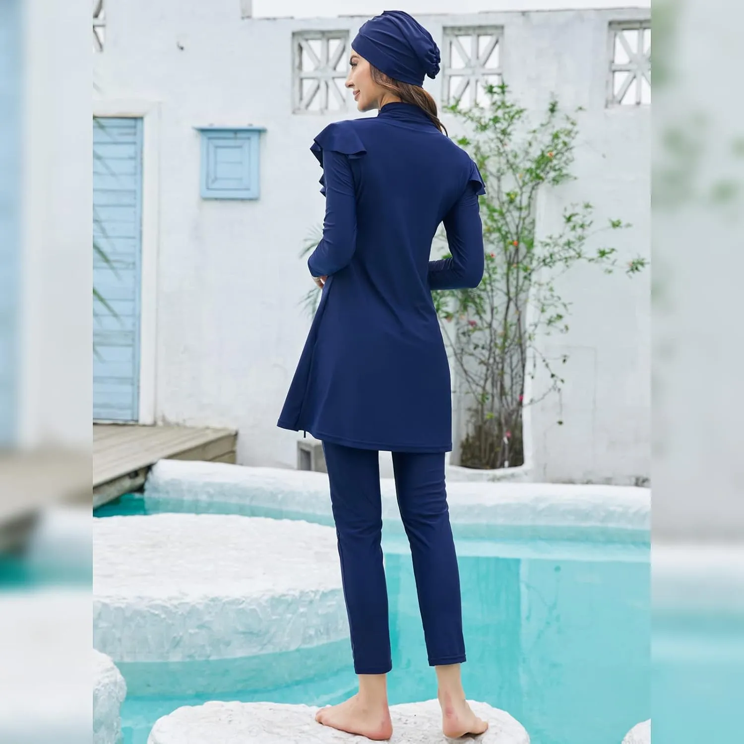 Women Muslim Swimwear Islamic Modest Swimsuit 3 Pieces Full Cover Hijab Long Sleeve Burkini Top Dress   Pants