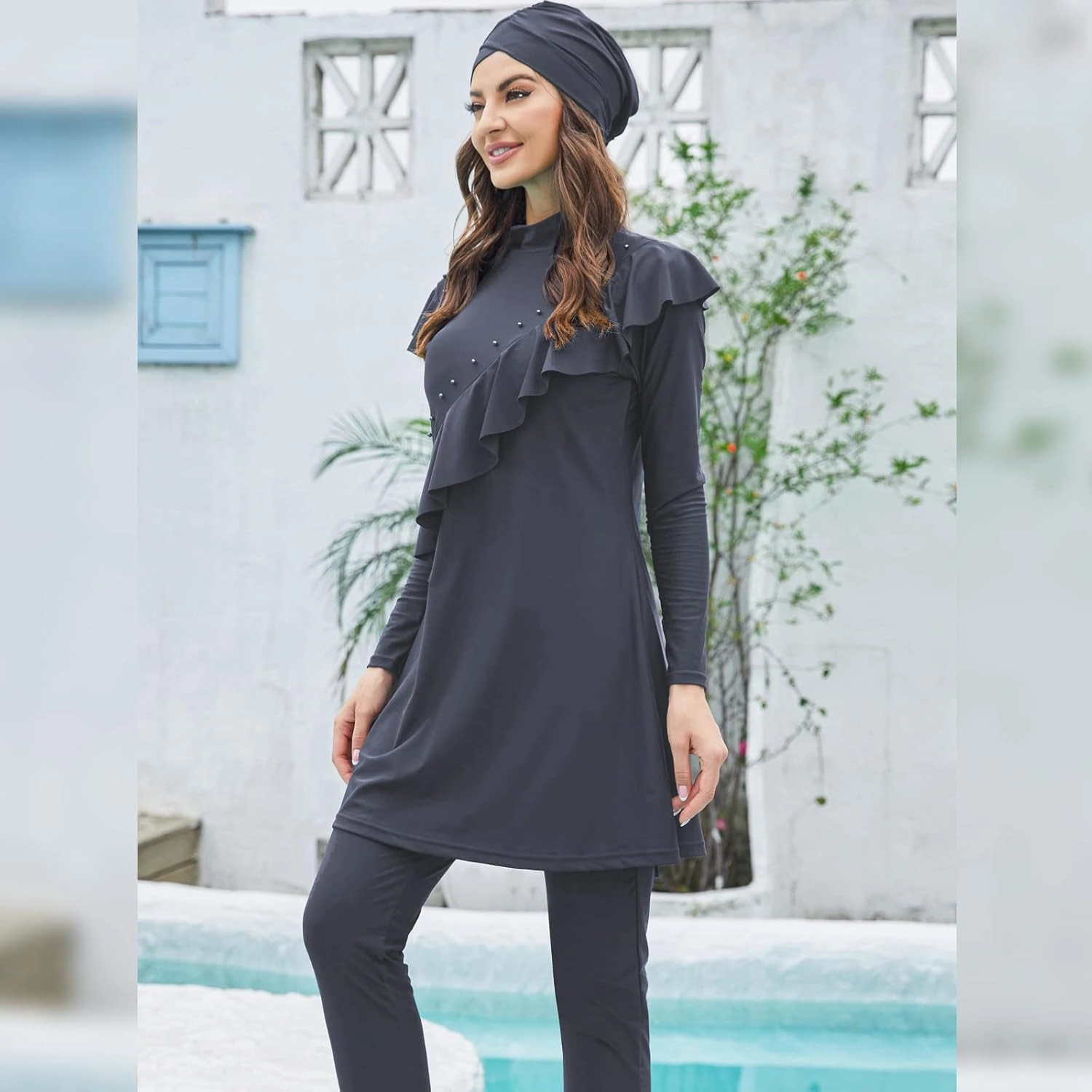 Women Muslim Swimwear Islamic Modest Swimsuit 3 Pieces Full Cover Hijab Long Sleeve Burkini Top Dress   Pants