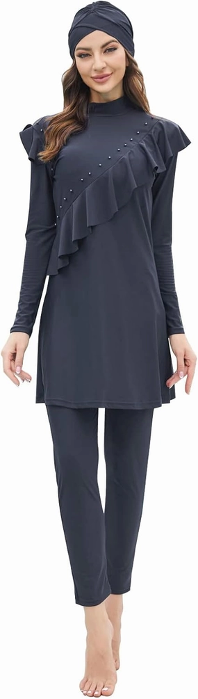 Women Muslim Swimwear Islamic Modest Swimsuit 3 Pieces Full Cover Hijab Long Sleeve Burkini Top Dress   Pants