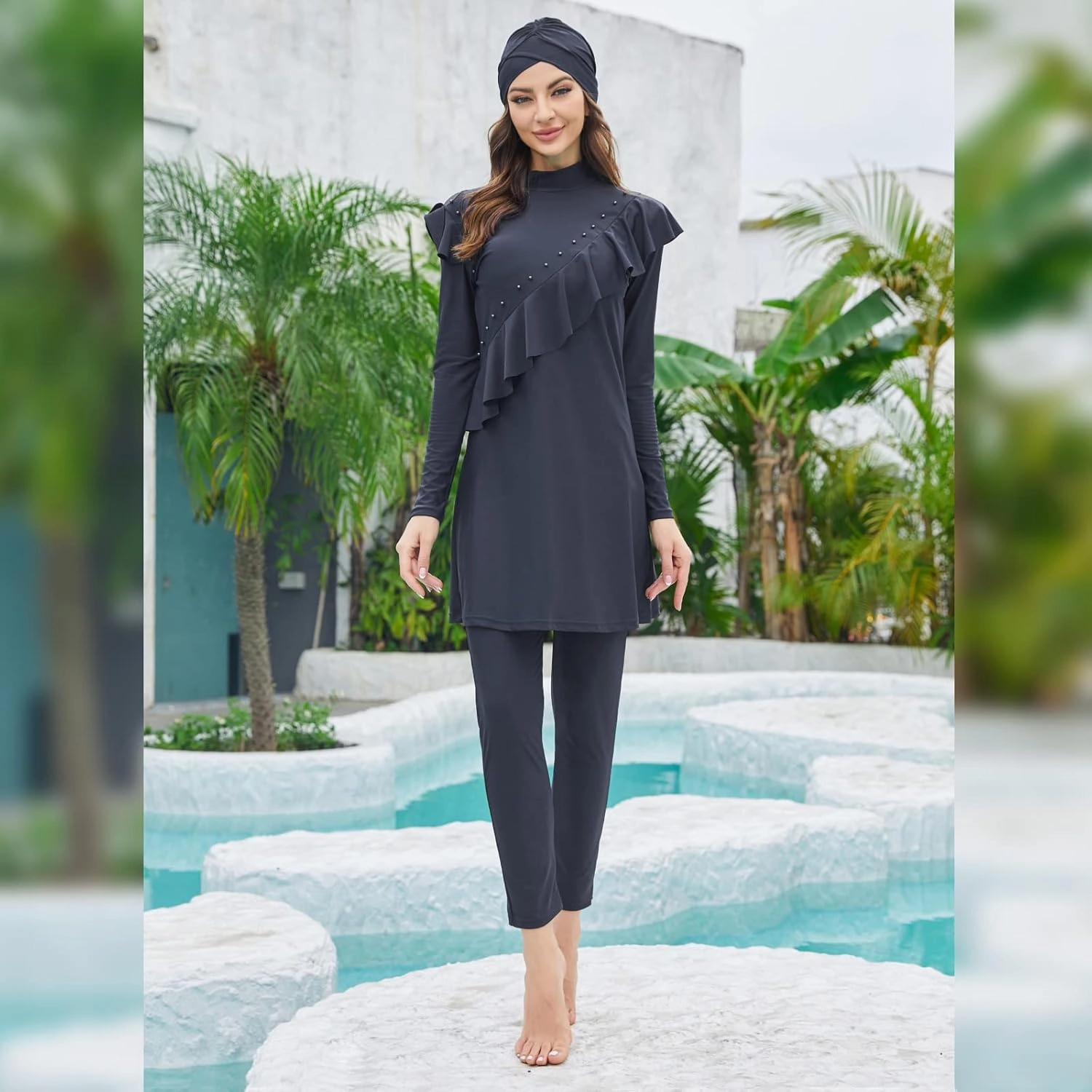 Women Muslim Swimwear Islamic Modest Swimsuit 3 Pieces Full Cover Hijab Long Sleeve Burkini Top Dress   Pants