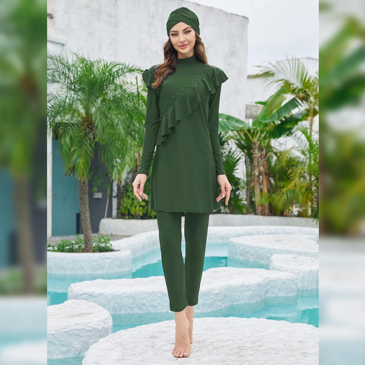 Women Muslim Swimwear Islamic Modest Swimsuit 3 Pieces Full Cover Hijab Long Sleeve Burkini Top Dress   Pants
