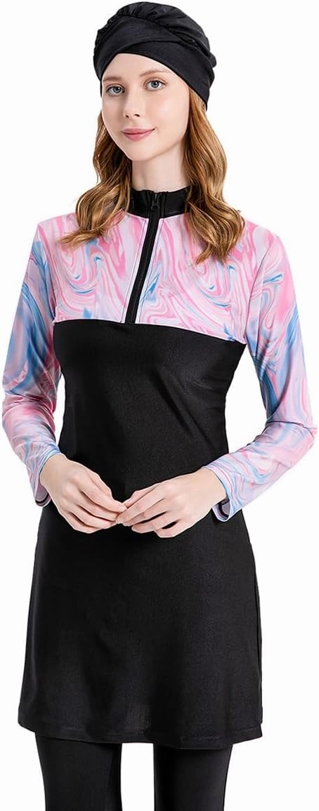 Women's Muslim Swimwear Long Sleeve Burkini Full Cover Swimsuit Hijab Rash Guard, 3pcs Set