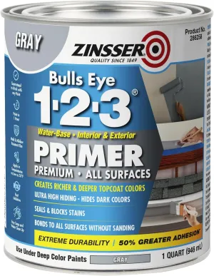 Zinsser 286258 Bulls Eye 1-2-3 All Surface Primer, Quart, Gray
