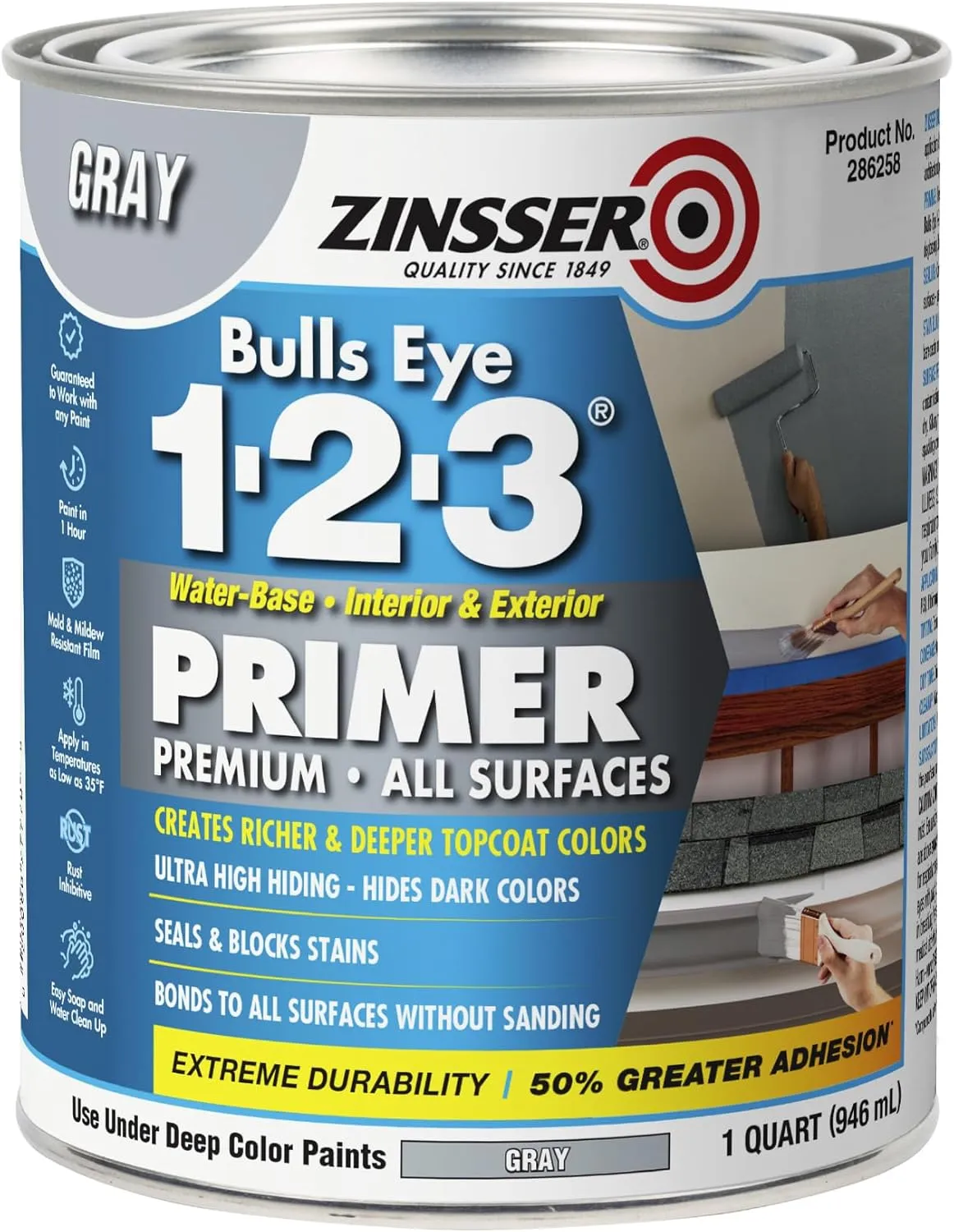 Zinsser 286258 Bulls Eye 1-2-3 All Surface Primer, Quart, Gray